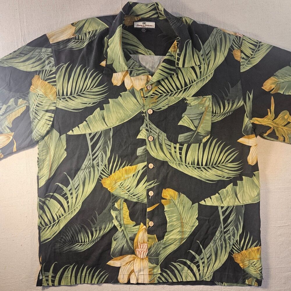 Tommy Bahama 100% Silk Hawaiian Camp Shirt XXXL Black Tropical Leaf Floral Aloha